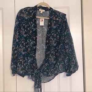 Teal Open Front Top with Floral Detailing